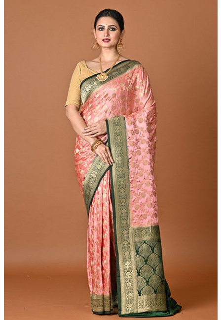 Pastel Peach Contrast Color Soft Gajji Banarasi Silk Saree (She Saree 2452)