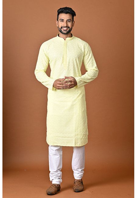 Lemon Color Embroidery Cotton Rayon Punjabi Churidar Set For Men (She Punjabi 820)