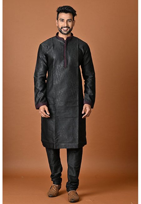 Black Color Jacquard Silk Punjabi Churidar Set For Men (She Punjabi 821)