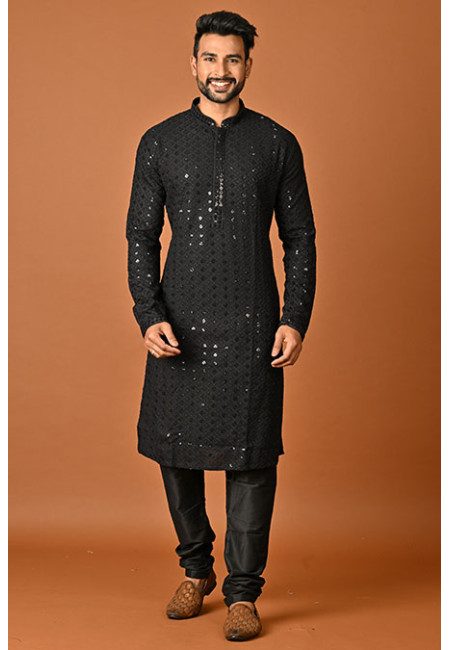 Black Color Embroidery Cotton Rayon Punjabi Churidar Set For Men (She Punjabi 824)