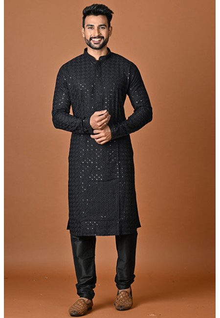 Black Color Embroidery Cotton Rayon Punjabi Churidar Set For Men (She Punjabi 825)