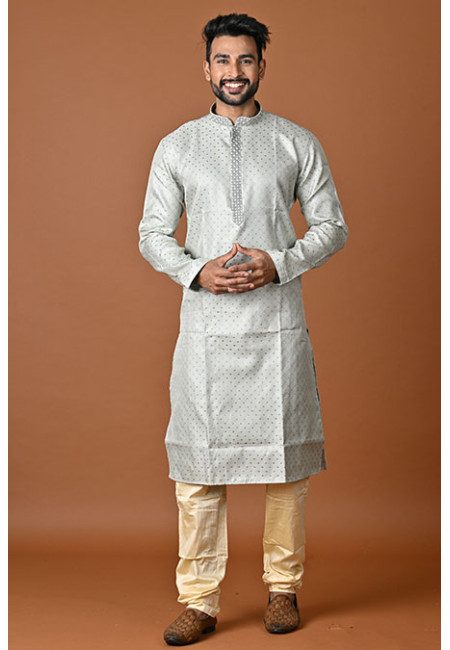 Steel Grey Color Jacquard Silk Punjabi Churidar Set For Men (She Punjabi 835)