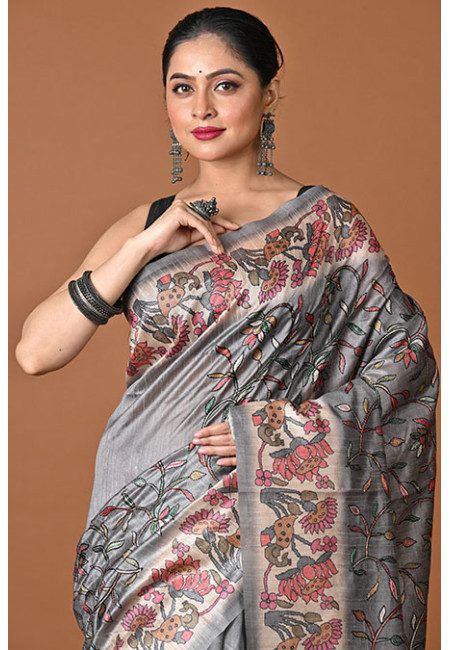 Grey Color Printed Embroidery Semi Tussar Silk  Saree (She Saree 2475)
