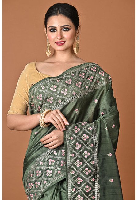 Pista Green Color Embroidery Semi Tussar Saree (She Saree 2486)
