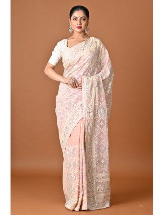 Pastel Pink Color Embroidery Georgette Party Wear Saree (She Saree 2501)