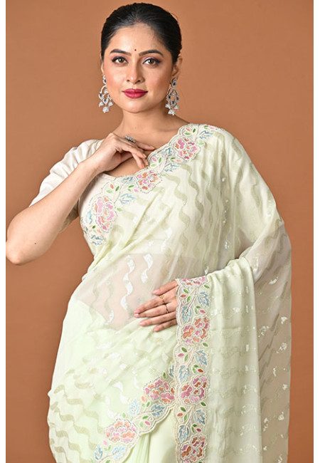 Pastel Green Color Embroidery Georgette Party Wear Saree (She Saree 2502)