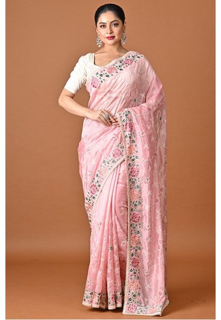 Pastel Pink Color Embroidery Crepe Silk Party Wear Saree (She Saree 2503)