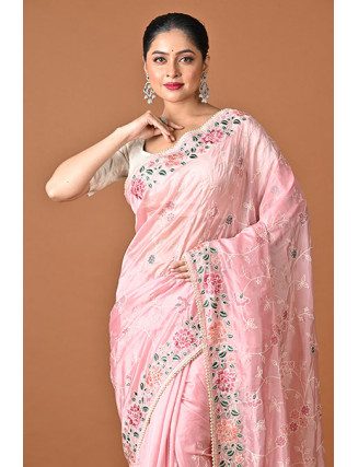 Pastel Pink Color Embroidery Crepe Silk Party Wear Saree (She Saree 2503)