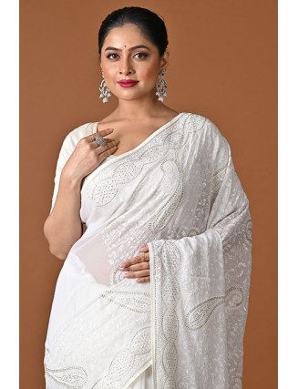 White Color Embroidery Party Wear Geoegette Saree (She Saree 2510)