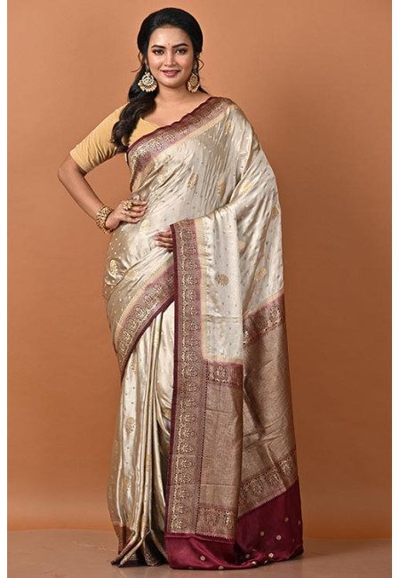 Light Beige Color Contrast Soft Banarasi Gajji Silk Saree (She Saree 2193)