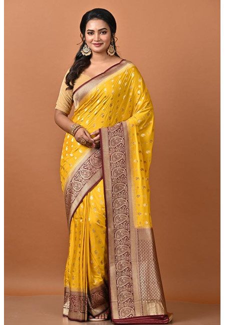 Saffron Yellow Color Contrast Soft Banarasi Gajji Silk Saree (She Saree 2196)