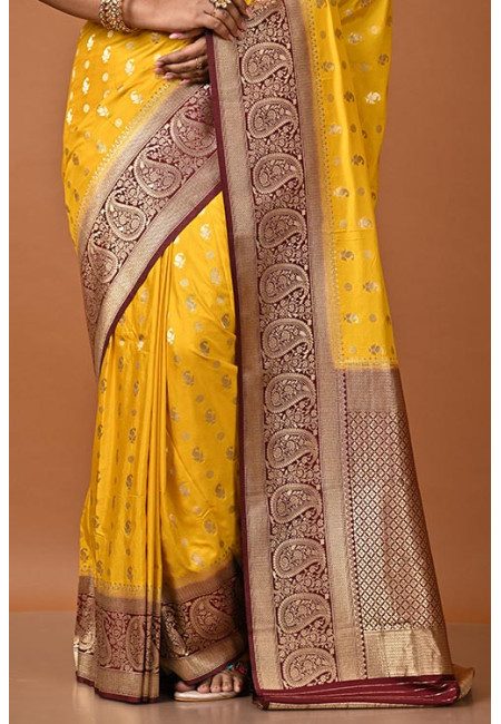 Saffron Yellow Color Contrast Soft Banarasi Gajji Silk Saree (She Saree 2196)