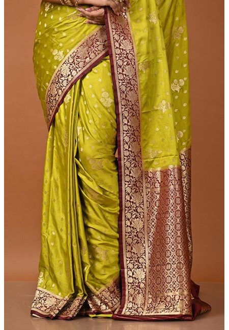Olive Green Color Contrast Soft Banarasi Gajji Silk Saree (She Saree 2209)