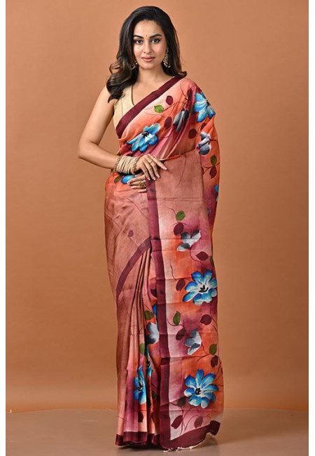 Brown Color Hand Painted Pure Silk Saree (She Saree 2247)