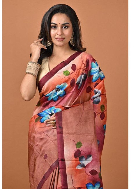 Brown Color Hand Painted Pure Silk Saree (She Saree 2247)