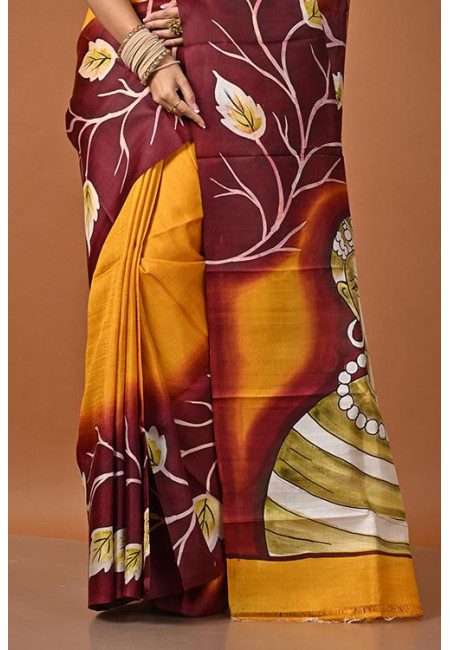 Mustard Color Hand Painted Pure Silk Saree (She Saree 2251)
