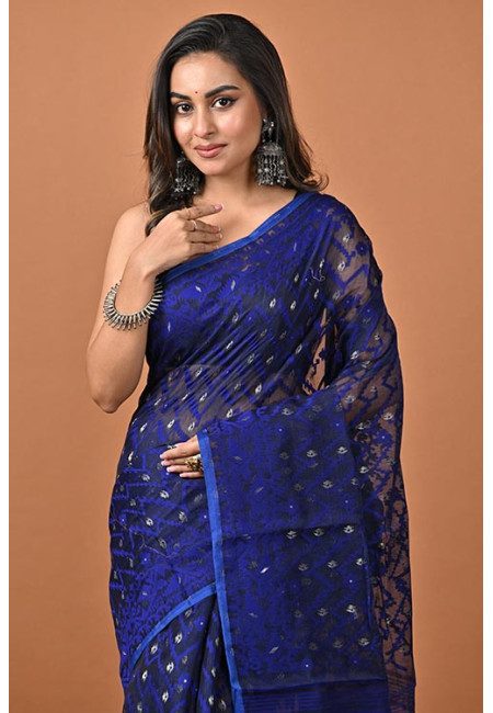 Navy Blue Color Contrast Soft Dhakai Jamdani Saree (She Saree 2269)