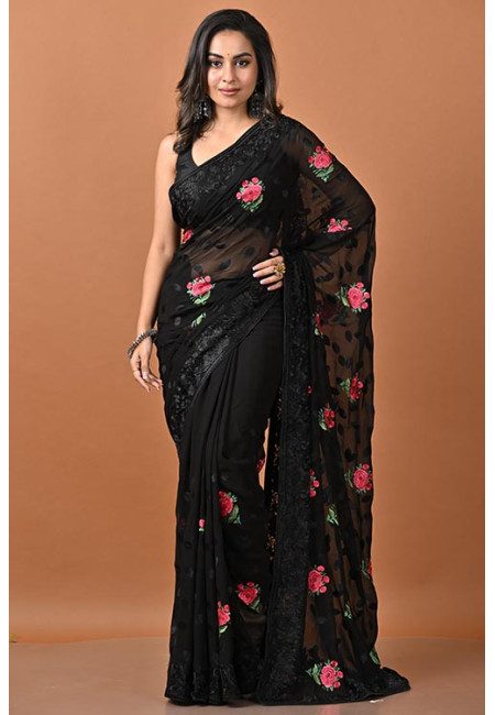 Black Color Designer Embroidery Chiffon Saree (She Saree 2270)