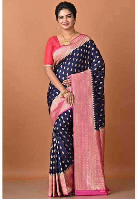 Midnight Blue Color Contrast Soft Banarasi Gajji Silk Saree (She Saree 2298)