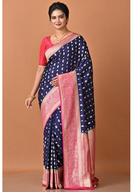 Midnight Blue Color Contrast Soft Banarasi Gajji Silk Saree (She Saree 2299)