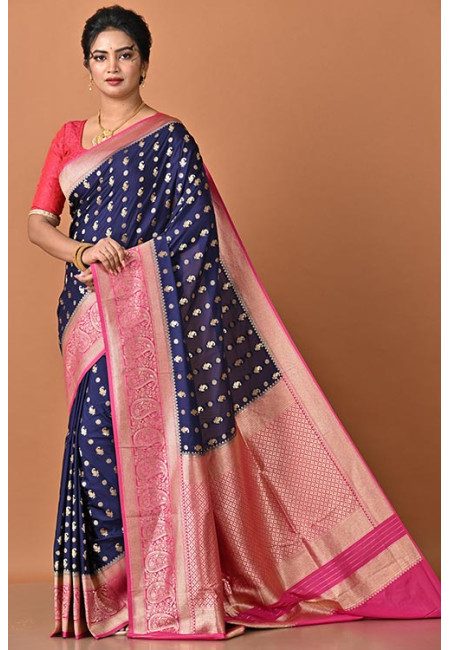 Midnight Blue Color Contrast Soft Banarasi Gajji Silk Saree (She Saree 2299)