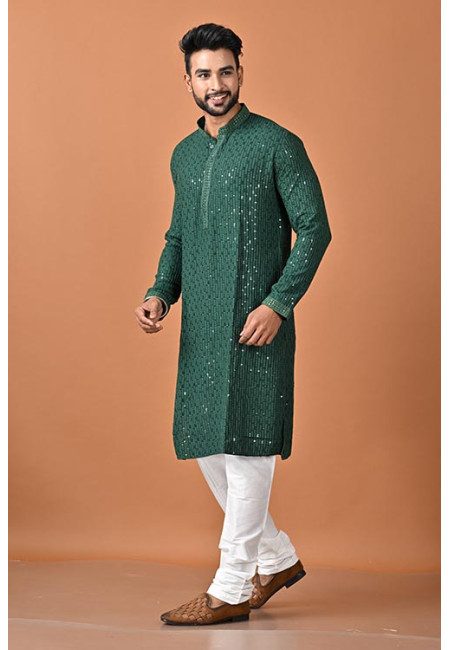Bottle Green Color Sequins Embroidery Rayon Silk Punjabi Set For Men (She Punjabi 764)