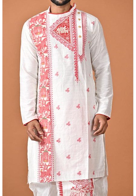 White Color Embroidery Raw Silk Punjabi For Men (She Punjabi 767)