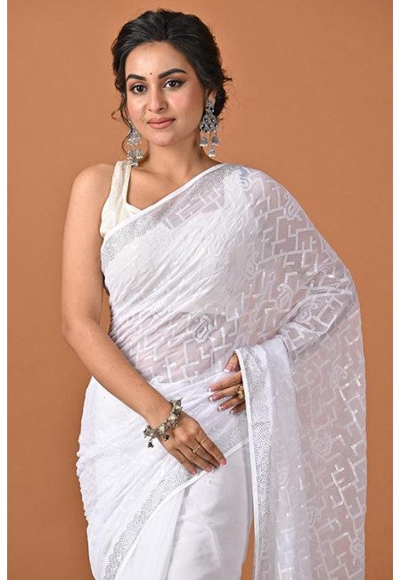 White Color Designer Embroidery Party Wear Chiffon Saree (She Saree 2331)