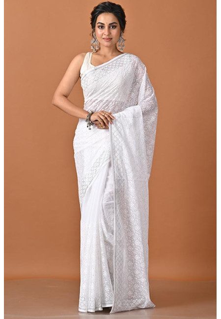 White Color Designer Embroidery Party Wear Chiffon Saree (She Saree 2332)