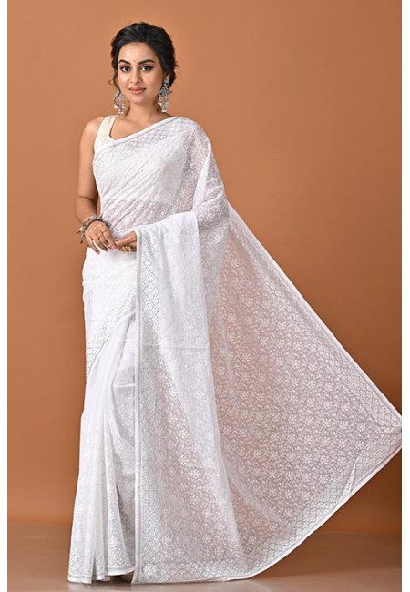 White Color Designer Embroidery Party Wear Chiffon Saree (She Saree 2332)