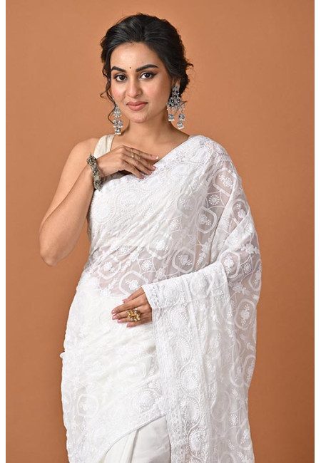 White Color Designer Embroidery Party Wear Chiffon Saree (She Saree 2333)