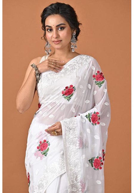 White Color Designer Embroidery Party Wear Chiffon Saree (She Saree 2334)