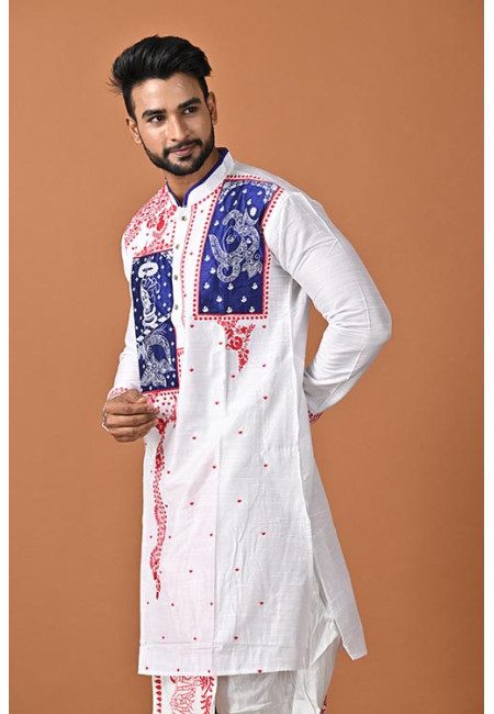 White Color Embroidery Raw Silk Punjabi For Men (She Punjabi 770)