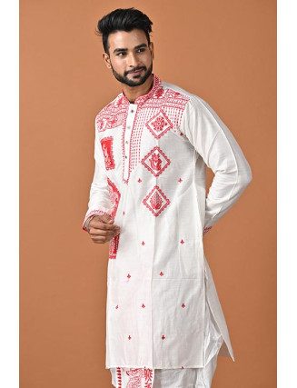 White Color Embroidery Raw Silk Punjabi For Men (She Punjabi 771)