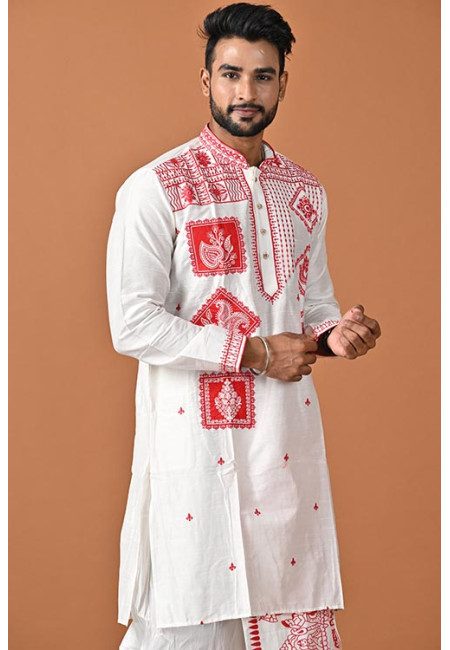 White Color Embroidery Raw Silk Punjabi For Men (She Punjabi 771)