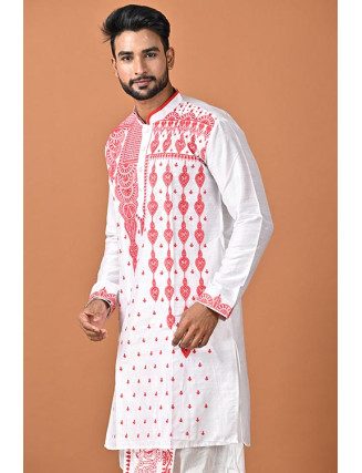 White Color Embroidery Raw Silk Punjabi For Men (She Punjabi 772)