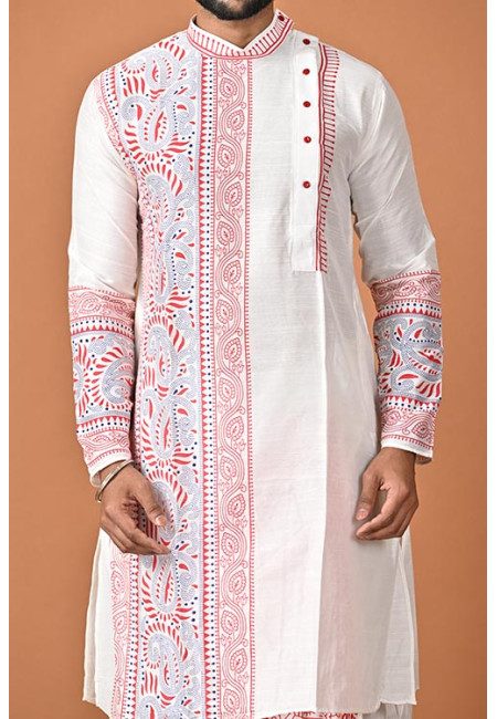 White Color Printed Raw Silk Punjabi For Men (She Punjabi 773)