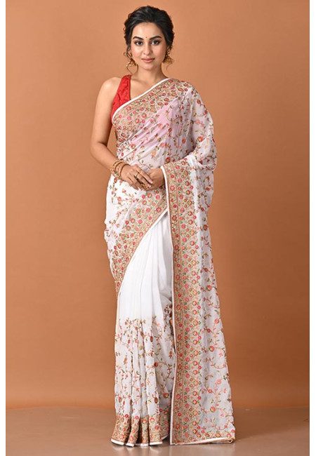 White Color Designer Embroidery Party Wear Chiffon Saree (She Saree 2344)
