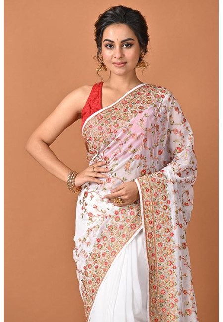 White Color Designer Embroidery Party Wear Chiffon Saree (She Saree 2344)