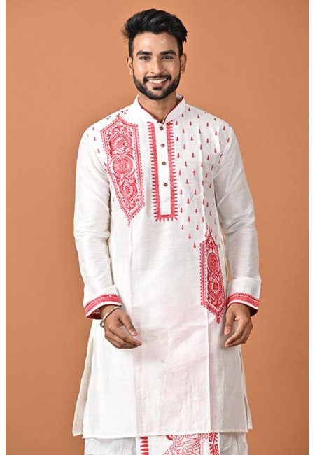 White Color Embroidery Raw Silk Punjabi For Men (She Punjabi 774)