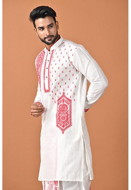 White Color Embroidery Raw Silk Punjabi For Men (She Punjabi 774)