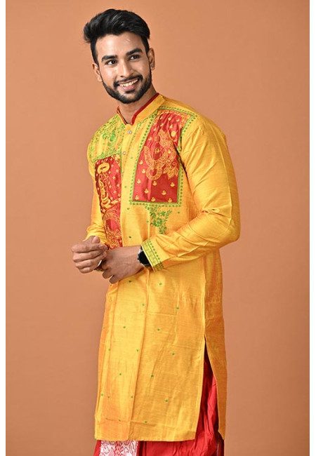 Mustard Yellow Color Embroidery Raw Silk Punjabi For Men (She Punjabi 775)