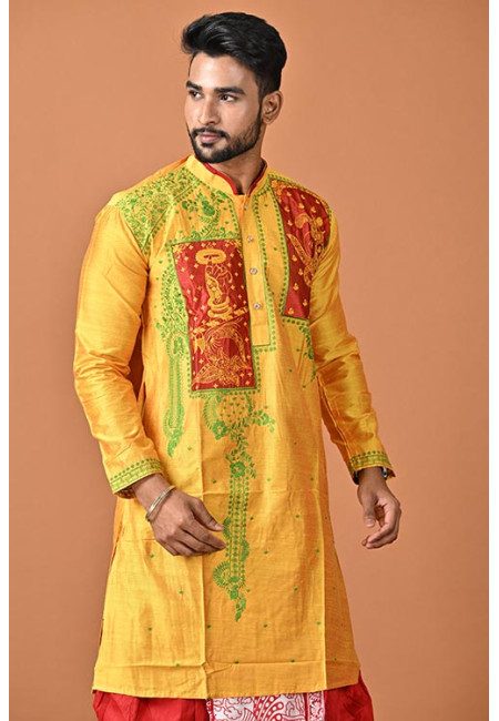 Mustard Yellow Color Embroidery Raw Silk Punjabi For Men (She Punjabi 775)