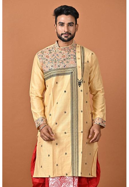 Light Beige Color Embroidery Raw Silk Punjabi For Men (She Punjabi 777)