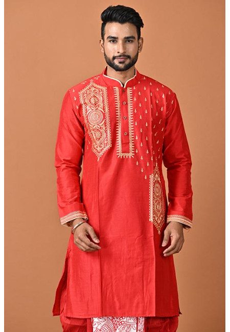 Red Color Embroidery Raw Silk Punjabi For Men (She Punjabi 778)