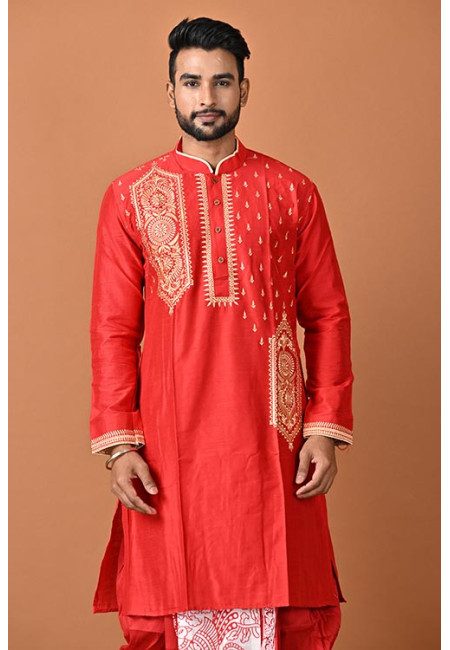Red Color Embroidery Raw Silk Punjabi For Men (She Punjabi 778)