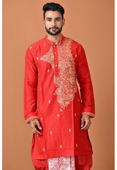 Red Color Embroidery Raw Silk Punjabi For Men (She Punjabi 779)