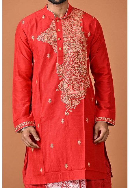 Red Color Embroidery Raw Silk Punjabi For Men (She Punjabi 779)