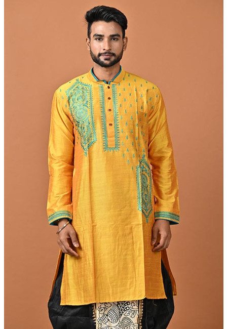 Mustard Yellow Color Embroidery Raw Silk Punjabi For Men (She Punjabi 784)