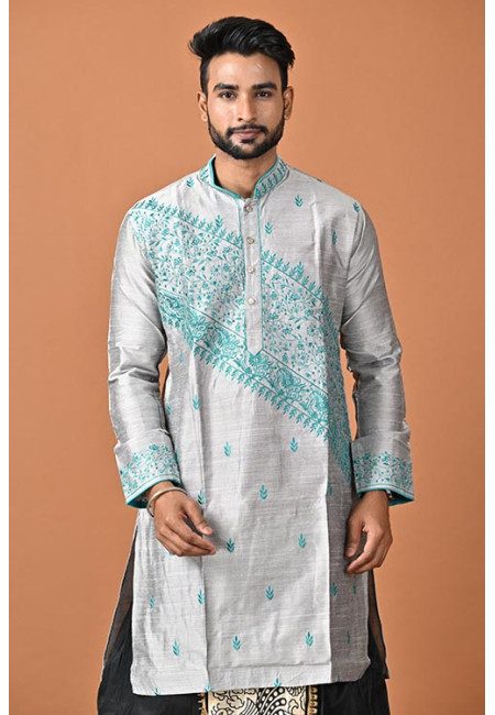 Steel Grey Color Embroidery Raw Silk Punjabi For Men (She Punjabi 786)